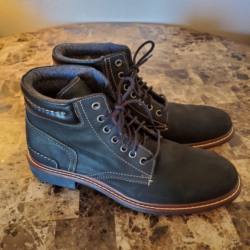 Cole Haan Black Leather Lace-Up Ankle Boots with Brown Trim